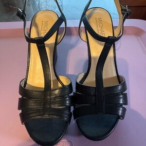 Michael Kors Black Leather T-Strap Wedge Sandals